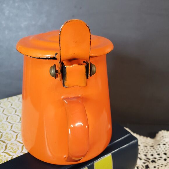 Vintage Italian Enamelware Western Bassano Orange Coffee Pot 3" Small Kettle - Picture 3 of 8